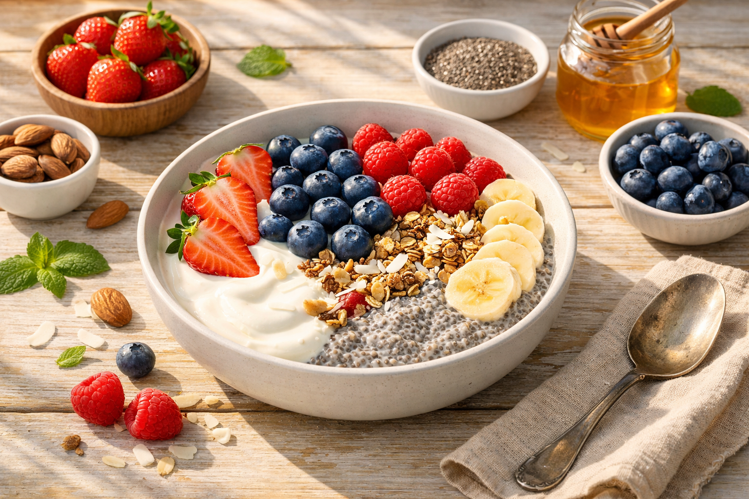 Healthy breakfast bowl with chia seeds, fresh berries, yogurt and natural ingredients on a light wooden table with morning sunlight